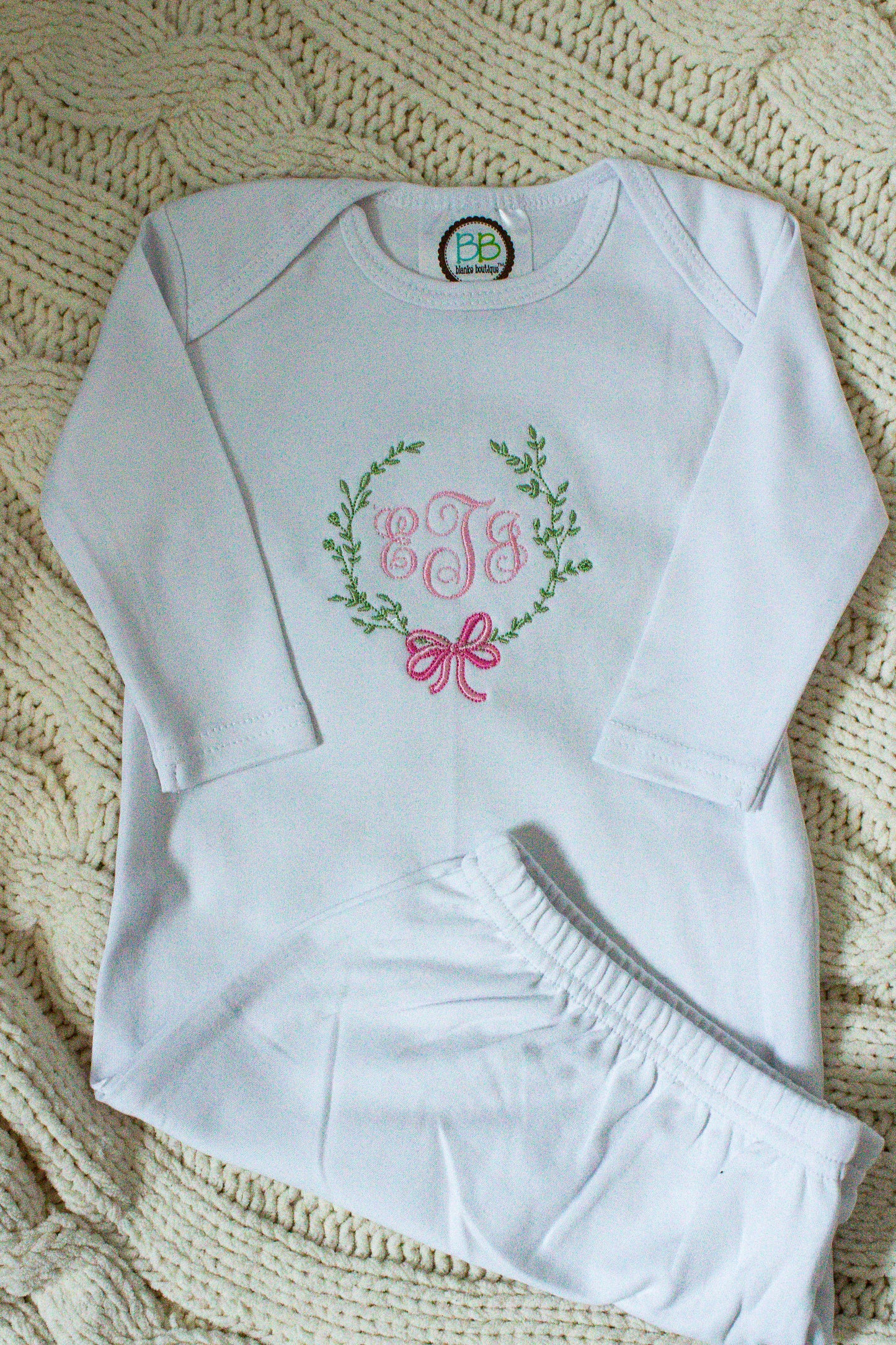 Embroidered Baby Gown – Classic Monogram Wreath Design