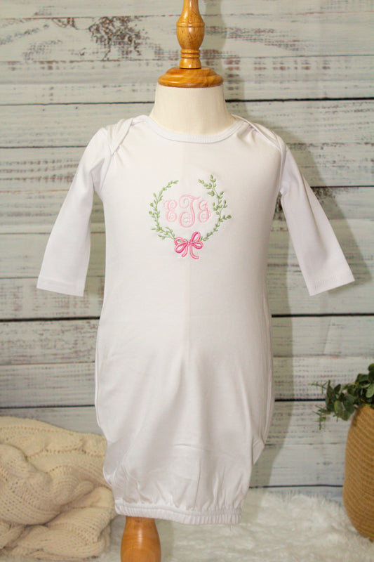 Embroidered Baby Gown – Classic Monogram Wreath Design