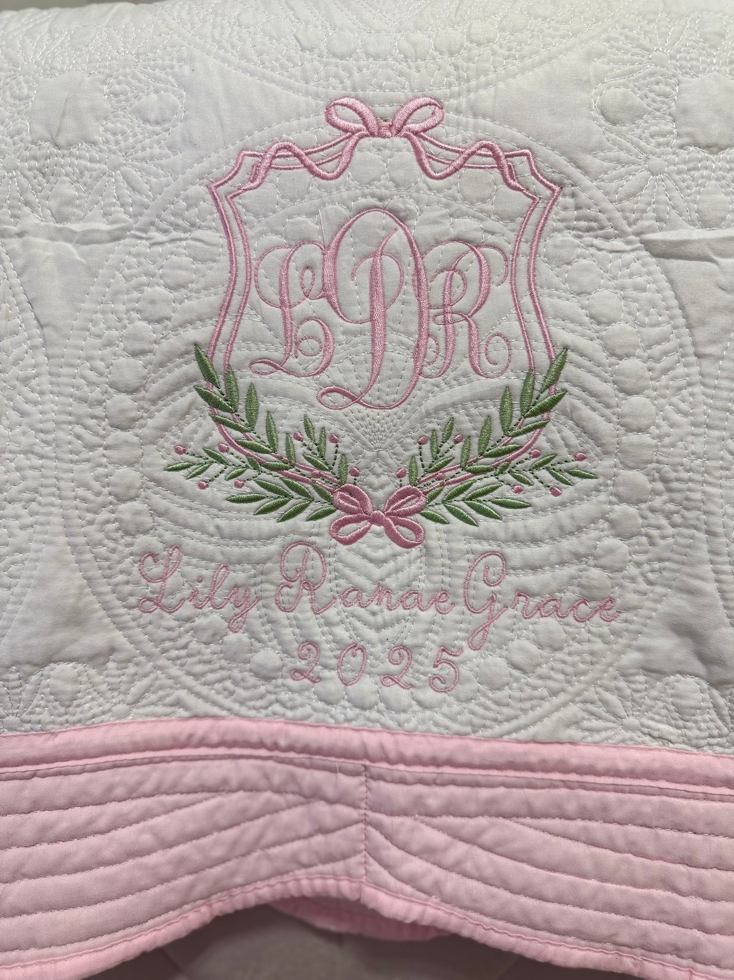 Custom Embroidered Bow Floral Crest Quilt