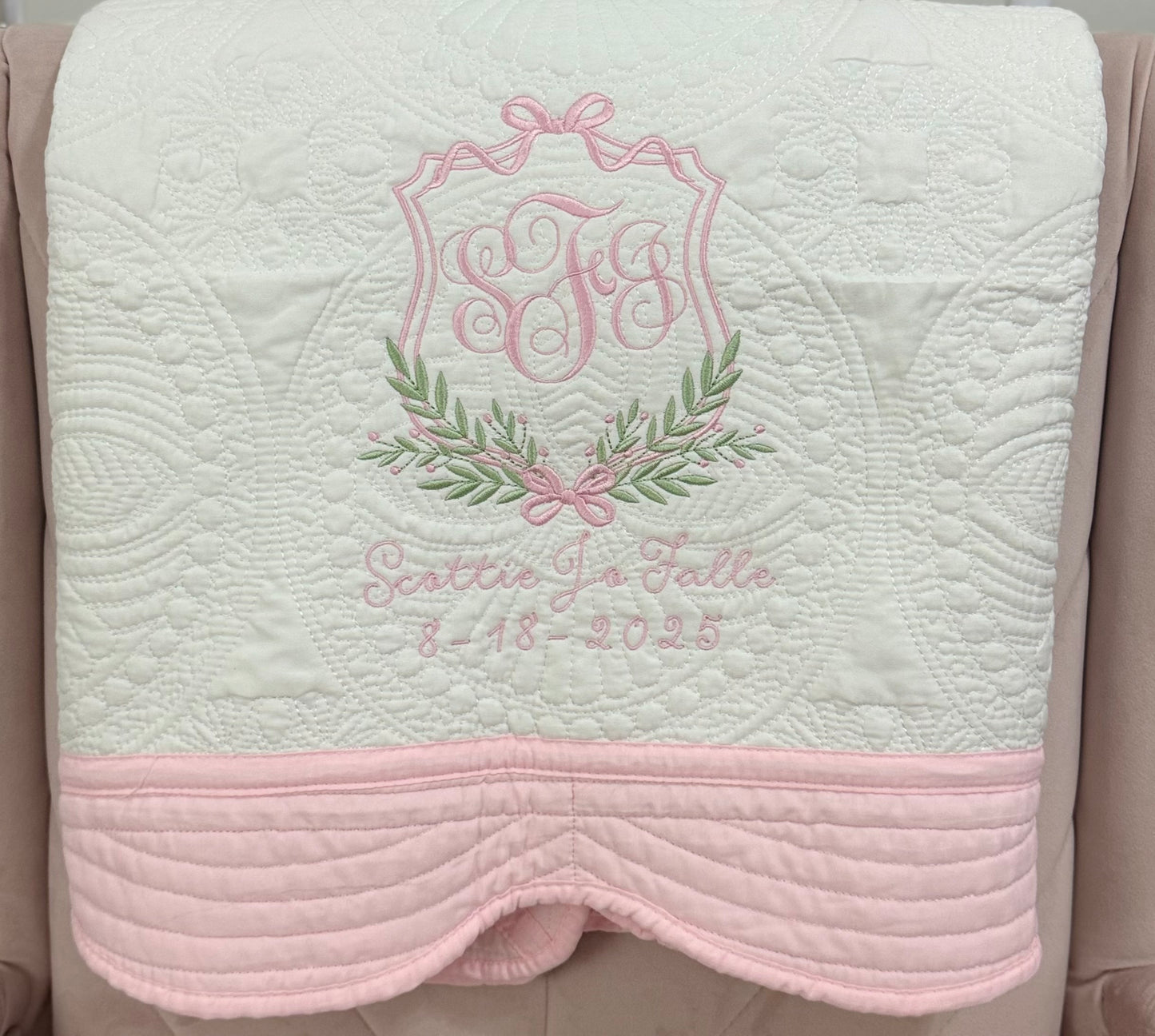 Custom Embroidered Bow Floral Crest Quilt
