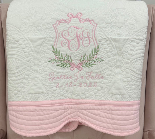 Custom Embroidered Bow Floral Crest Quilt