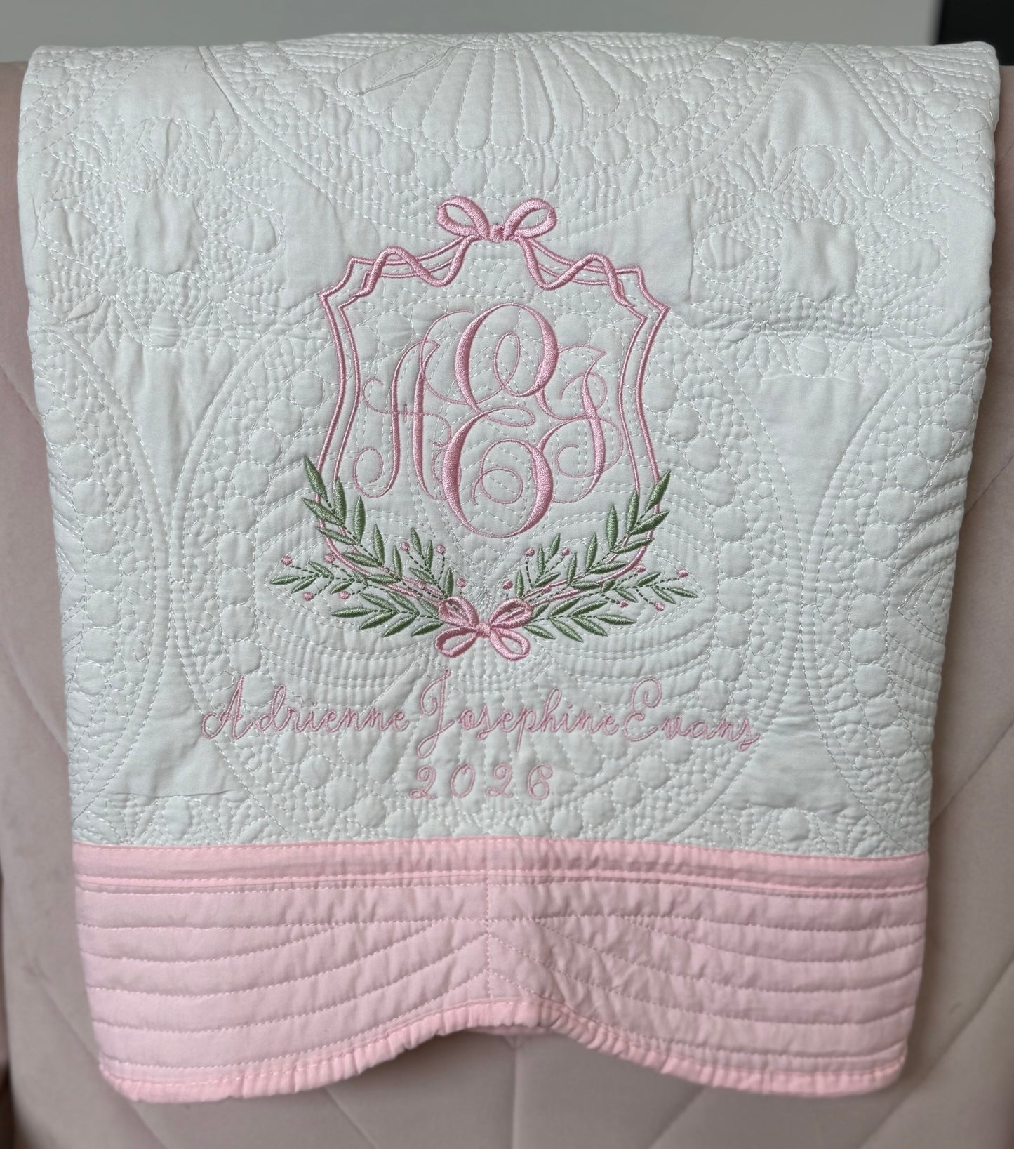 Custom Embroidered Bow Floral Crest Quilt