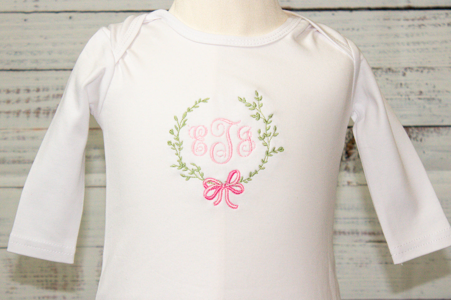 Embroidered Baby Gown – Classic Monogram Wreath Design