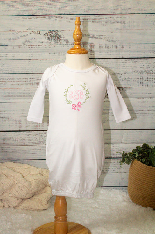 Embroidered Baby Gown – Classic Monogram Wreath Design